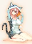  barefoot blush breasts cat_hood collarbone headphones hood impossible_clothes impossible_clothing impossible_shirt jinroh large_breasts miniskirt nitroplus pink_eyes pink_hair shirt sitting skirt smile solo sonico soniko super_sonico super_soniko tail violet_eyes wariza 