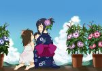  black_hair bow brown_hair character_request child cloud dress flower from_behind hair_flower hair_ornament hair_up japanese_clothes kimono kneeling mameko morning_glory obi plant potted_plant shinohara_natsuki sitting summer_wars sundress 