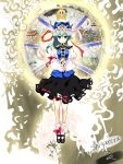  blue_eyes colored expressionless fire flower green_hair hat highres mary_janes monochrome rod_of_remorse shadow shigureru shikieiki_yamaxanadu shoes signature solo spider_lily touhou welroy&#039;s welroy's wheel 