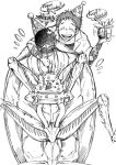  cake candle claws closed_eyes cockroach dorohedoro english food gift happy_birthday hat insect johnson_(dorohedoro) kasukabe_(dorohedoro) male monochrome party_hat sketch star tattoo 
