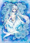  1girl blue blue_flower blue_hair blush dress flower hatsune_miku long_hair mosho smile solo traditional_media twintails very_long_hair vocaloid yuki_miku 