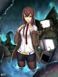  brown_hair highres jacket jjune legwear_under_shorts long_hair makise_kurisu necktie pantyhose shorts solo steins;gate television water wet wet_clothes 