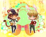  animal_ears bad_id barnaby_brooks_jr belt blonde_hair blush boots brown_eyes brown_hair bunny_ears bunny_tail cabbie_hat chibi facial_hair frown glasses gloves green_eyes hand_on_hip hat hips jacket jewelry kaburagi_t_kotetsu kemonomimi_mode male multiple_boys necklace necktie panca paw_gloves red_jacket short_hair stubble studded_belt tail tiger_&amp;_bunny tiger_ears tiger_tail vest waistcoat 
