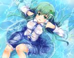  blue_door bra braid detached_sleeves from_above green_eyes green_hair hair_tubes kochiya_sanae lingerie long_hair navel see-through sitting skirt solo submerged touhou underwear water wet wet_clothes 