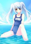  beach eyepatch infinite_stratos laura_bodewig long_hair name_tag partially_submerged red_eyes schoo_swimsuit school_swimsuit silver_hair sitting solo submerged swimsuit twintails water wet 