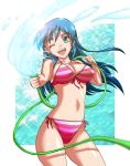  blue_eyes blue_hair hose long_hair original striped striped_bikini striped_swimsuit swimsuit tsukishima_chitose water wink yonecchi 