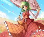 bird blush flower green_hair kazami_yuuka liya long_skirt nature petals red_eyes skirt skirt_set sky solo touhou umbrella wavy_hair wind youkai