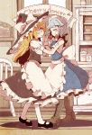 blonde_hair blush boots bow braid chachi_(azuzu) closed_eyes cross-laced_footwear dancing duo eyes_closed hair_bow hand_holding hand_on_shoulder hands_clasped hat holding_hands interlocked_fingers izayoi_sakuya kirisame_marisa lace-up_boots long_hair maid maid_headdress mary_janes multiple_girls pantyhose shoes short_hair silver_hair smile touhou twin_braids white_legwear witch witch_hat yellow_eyes 