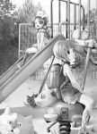  ^_^ absurdres animal boots braid cat child closed_eyes eyes_closed happy highres monochrome multiple_girls open_mouth original playground rojiko short_hair sitting slide spring_rider surprised tree 