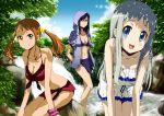  anjou_naruko ano_hi_mita_hana_no_namae_wo_bokutachi_wa_mada_shiranai bikini black_hair blue_eyes blush breasts brown_eyes brown_hair cleavage earrings forest glasses hairpins hands_in_pockets happy honma_meiko jacket_over_swimsuit leaning_forward glasses multiple_girls nature navel no10 open_mouth red-framed_glasses sarong shade smile swimsuit tree tree_shade tsurumi_chiriko twintails water wet 