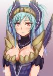  armor bare_shoulders blue_hair blush breasts capcom cleavage gradient_hair green_hair highres looking_at_viewer monster_hunter monster_hunter_portable_3rd multicolored_hair red_eyes shirajira solo twintails 
