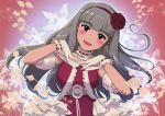  annin_douhu annindoufu_(oicon) blush dress flower gloves grey_hair hair_bow hair_flower happy idolmaster leaves long_hair red_eyes shijou_takane smile solo sparkle the_idolm40ster violet_eyes 