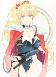  1girl armor blonde_hair bow breast_hold breasts cape choker cleavage dill_purslane earrings female hair_bow jewelry large_breasts leotard long_hair next_king pauldron pauldrons ponytail solo strap traditional_media very_long_hair whip 