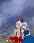  2girls blue_eyes blue_hair closed_eyes dress duo eyes_closed fujiwara_no_mokou hair_ribbon hat ifuji_sakura kamishirasawa_keine long_hair multiple_girls red_eyes ribbon silver_hair sitting touhou 