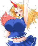  alternate_costume arm_up armpits blonde_hair blush bouncing_breasts breasts cheerleader han64 han_(jackpot) horn hoshiguma_yuugi huge_breasts impossible_clothes impossible_clothing long_hair midriff open_mouth pom_poms red_eyes rough simple_background skirt skrit smile solo touhou wink 