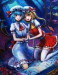  ascot blonde_hair blue_hair brooch dutch_angle flandre_scarlet flower hand_holding holding_hands jewelry multiple_girls oil_painting_(medium) petals red_eyes red_rose remilia_scarlet rose siblings side_ponytail sisters smile tafuto thigh-highs thighhighs touhou traditional_media white_legwear 