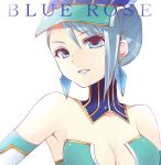  bad_id bare_shoulders blue_eyes blue_hair blue_rose_(tiger_&amp;_bunny) breasts cleavage close detached_collar earrings hair_up hat jewelry karina_lyle lipstick makeup portrait richard short_hair simple_background smile solo tiger_&amp;_bunny 