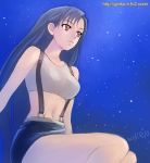  breasts brown_eyes cloud final_fantasy final_fantasy_vii ginko_(silver_fox) large_breasts long_hair midriff night night_sky sitting skirt sky smile solo star star_(sky) stars suspenders tifa_lockhart watermark web_address 