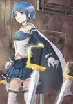  bare_shoulders belt blue_hair cape cloak disriv gloves hair_ornament hairclip highres magical_girl mahou_shoujo mahou_shoujo_madoka_magica miki_sayaka short_hair skirt solo sword thigh-highs thighhighs weapon 