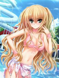  1girl absurdres bikini blonde_hair breasts cleavage green_eyes highres kimi_to_issho_ni norita pink_bikini pool poolside sarong sasano_eri swimsuit water_slide 