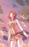  bare_shoulders bird blue_eyes clouds dress jewelry kairi kingdom_hearts looking_up m3_(mmm003) red_hair redhead short_hair sky solo sunset thigh-highs 