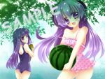  blue_hair food fruit furude_rika hanyuu higurashi_no_naku_koro_ni holding holding_fruit horns long_hair looking_back one-piece_swimsuit purple_eyes purple_hair sample school_swimsuit swimsuit ui1031 violet_eyes watermelon 