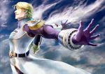  blonde_hair closed_eyes epaulettes eyes_closed jetpack keith_goodman male outstretched_arms power_suit short_hair sky_high solo soukyokuya superhero tiger_&amp;_bunny 