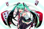  &gt;:) &gt;:d detached_sleeves green_eyes green_hair guitar happy hatsune_miku instrument jibon jumping long_hair open_mouth smile speaker twintails very_long_hair vocaloid 