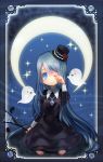  blue_eyes blue_hair crying dress flower ghost hat jewelry kneeling long_hair moon necklace original riinu_(ir-n) sad star wink 