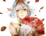  bare_shoulders blue_eyes bob_cut bouquet bust cis_(tiger_&amp;_bunny) face flower hairband lips petals red_rose rose short_hair silver_hair simple_background solo tiger_&amp;_bunny tsubakiya wind 