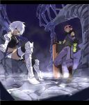  error from_below gloves greaves green_eyes hati_(shirow) heterochromia looking_at_viewer midriff original pauldron pauldrons pink_hair purple_hair sheath sheathed shirow_(crazy) sword thigh-highs thighhighs water weapon white_hair 