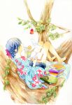  blue_hair book bow braid copyright_request drink drinking drinvk fan japanese_clothes kimono orange_eyes profile reading solo straw traditional_media tree watercolor_(medium) wind_chime yukata yuufuushi 