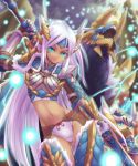  bikini_armor capcom dark_skin felyne gauntlets gloves glowing green_eyes highres jinouga jinouga_(armor) long_hair midriff monster monster_hunter monster_hunter_portable_3rd navel no_pants panties ponytail silver_hair sword thigh_gap thighs tsukigami_chronica underwear very_long_hair weapon white_panties 