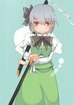  1girl blush bow hair_bow hitodama johnny_funamushi konpaku_youmu konpaku_youmu_(ghost) long_sleeves puffy_sleeves red_eyes short_hair silver_hair smile solo sword touhou weapon 