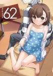  ahoge arm_support bare_legs bare_shoulders barefoot blush brown_eyes brown_hair collarbone cover cover_page dress dress_lift face feet head_out_of_frame last_order looking_at_viewer nakajima_yuka shirt sitting smile striped striped_shirt sundress to_aru_majutsu_no_index white_hair 