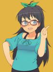  :d bespectacled black_hair blue_eyes blush bow fang ganaha_hibiki glasses hair_bow hand_on_hip highres hips idolmaster open_mouth oza_watto ponytail red-framed_glasses simple_background smile solo 