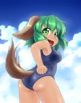 animal_ears ass from_behind green_eyes green_hair highres kasodani_kyouko kusaba looking_back one-piece_swimsuit open_mouth school_swimsuit short_hair solo swimsuit tail tan tanline touhou 