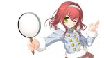  axanael character_request female game_cg green_eyes hairband highres jacket magnifying_glass red_hair short_hair simple_background skirt solo tongue transparent transparent_background wink 