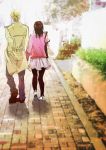  1girl alternate_form artist_request bad_id bag beelzebub_(azazel-san) black_legwear blonde_hair blurry brown_hair coat couple from_behind hand_holding hand_in_pocket holding_hands koe_(51031783) pantyhose photo_background realistic sakuma_rinko skirt street walking yondemasuyo_azazel-san 