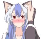  blue_dress blue_hair blush cat_ears catgirl comic dress kamishirasawa_keine kemonomimi_mode lozelia morichika_rinnosuke multicolored_hair nekomimi no_hat no_headwear nose_blush pet_the_catgirl petting red_eyes silent_comic silver_hair sweatdrop touhou two-tone_hair 