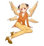  blonde_hair collarbone dungeon_and_fighter dungeon_fighter_online face high_heels horns long_sleeves multiple_wings open_clothes open_pants open_shirt pants pointy_ears red_eyes shirt shoes sitting smile solo unbuttoned wings yokozuwari yonggi 