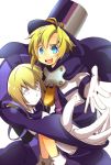  blazblue blonde_hair blue_eyes blush brother_and_sister carl_clover carrying glasses gloves happy hat kuro_yuzu nirvana outstretched_hand short_hair siblings top_hat white_gloves 