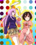  animal_ears bad_id blazer brown_hair bunny_ears bunny_tail carrot dress dress_lift inaba_tewi jewelry long_hair looking_at_viewer multiple_girls necklace necktie orange_eyes pendant pocky purple_hair reisen_udongein_inaba shirow_(crazy) short_hair skirt tail thigh-highs thighhighs touhou white_legwear zettai_ryouiki 