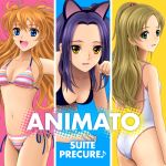  bikini blue_eyes cat_ears cat_pose green_eyes houjou_hibiki kurokawa_ellen long_hair minamino_kanade musical_note orange_hair paw_pose precure purple_hair sekken_kasu_barrier siren_(suite_precure) suite_precure swimsuit title_drop twintails two_side_up yellow_eyes 