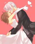  1girl accelerator adult ahoge albino blush brown_hair closed_eyes couple dress elbow_gloves eyes_closed formal gloves gomi_chiri happy heart highres hug incipient_kiss last_order open_mouth short_hair suit to_aru_majutsu_no_index wedding_dress white_hair 