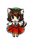  :o animal_ears brown_eyes brown_hair cat_ears cat_tail chen chibi earrings hat jewelry multiple_tails open_mouth outstretched_arms short_hair simple_background socha solo spread_arms tail touhou transparent_background 