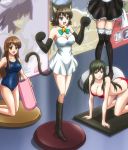  3girls all_fours animal_ears asobi_ni_iku_yo! bare_shoulders bell bikini black_legwear black_thighhighs boots breasts brown_hair cat_ears cat_paws cat_pose cat_tail cleavage dress female figure gloves green_hair highres large_breasts long_hair maid maid_dress one-piece_swimsuit orange_hair school_swimsuit screencap swimsuit tail thigh-highs toys white_dress 