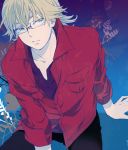  bad_id barnaby_brooks_jr blonde_hair glasses green_eyes jacket male red_jacket sitting solo teenage tiger_&amp;_bunny trocco young 