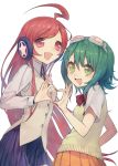 :d ahoge bow brooch dress earmuffs goggles goggles_on_head green_eyes green_hair gumi headphones heart heart_hands heart_hands_duo highres jewelry long_hair miki miki_(vocaloid) multiple_girls open_mouth orange_dress pleated_skirt red_eyes red_hair redhead school_uniform sf-a2_miki short_hair simple_background skirt smile takekono very_long_hair vest vocaloid 