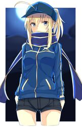  1girl ahoge baseball_cap blonde_hair blue_eyes cowboy_shot fate_(series) hat heroine_x highres jacket looking_at_viewer ponytail rojiura_satsuki_:_chapter_heroine_sanctuary saber scarf solo track_jacket yutchin 